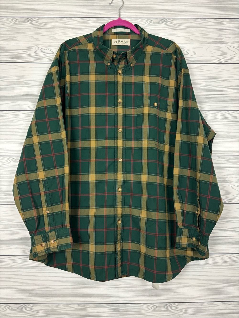 Orvis Men’s green plaid 100% cotton button down shirt outdoor hiking XXL